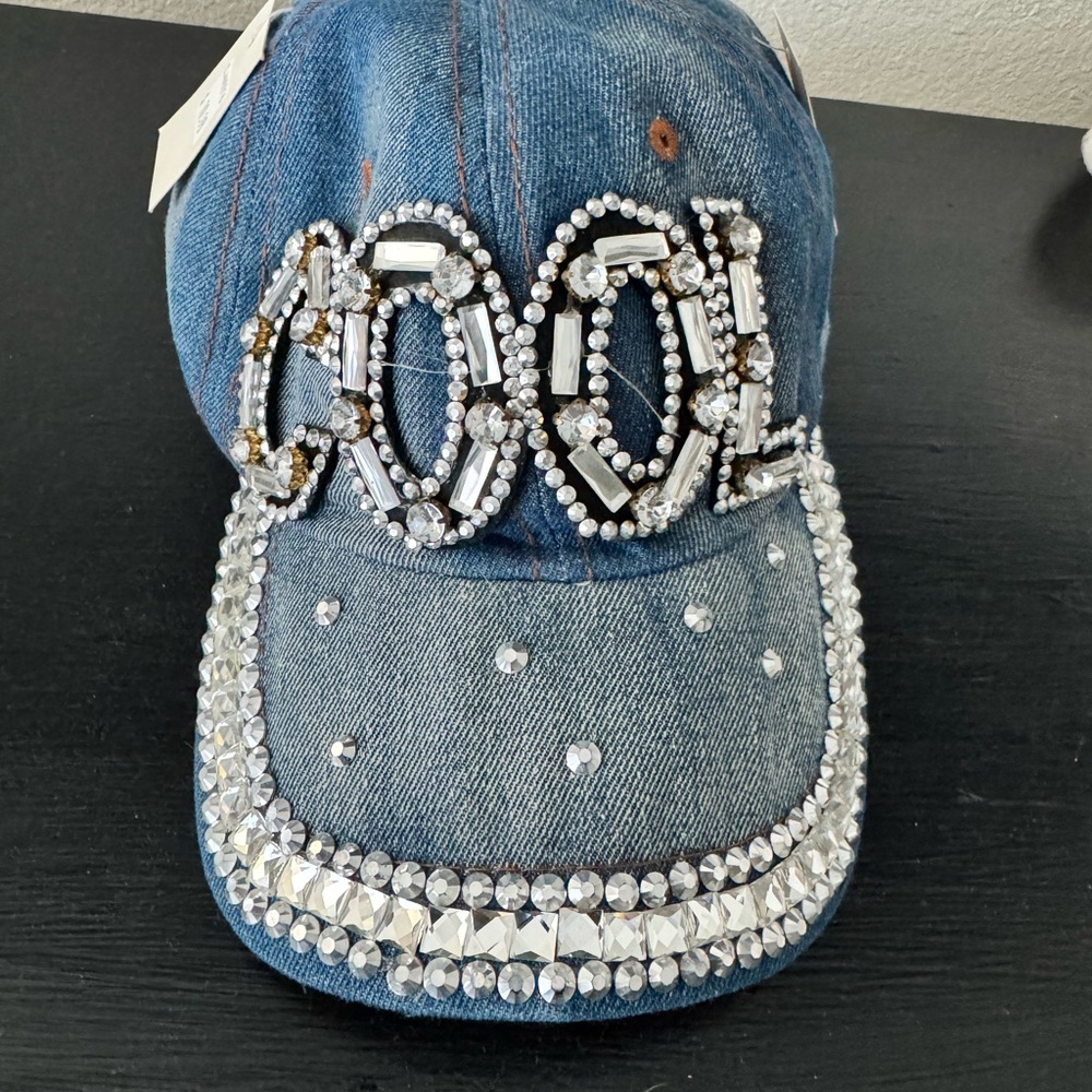 NWT Embellished Denim Cap with Rhinestones